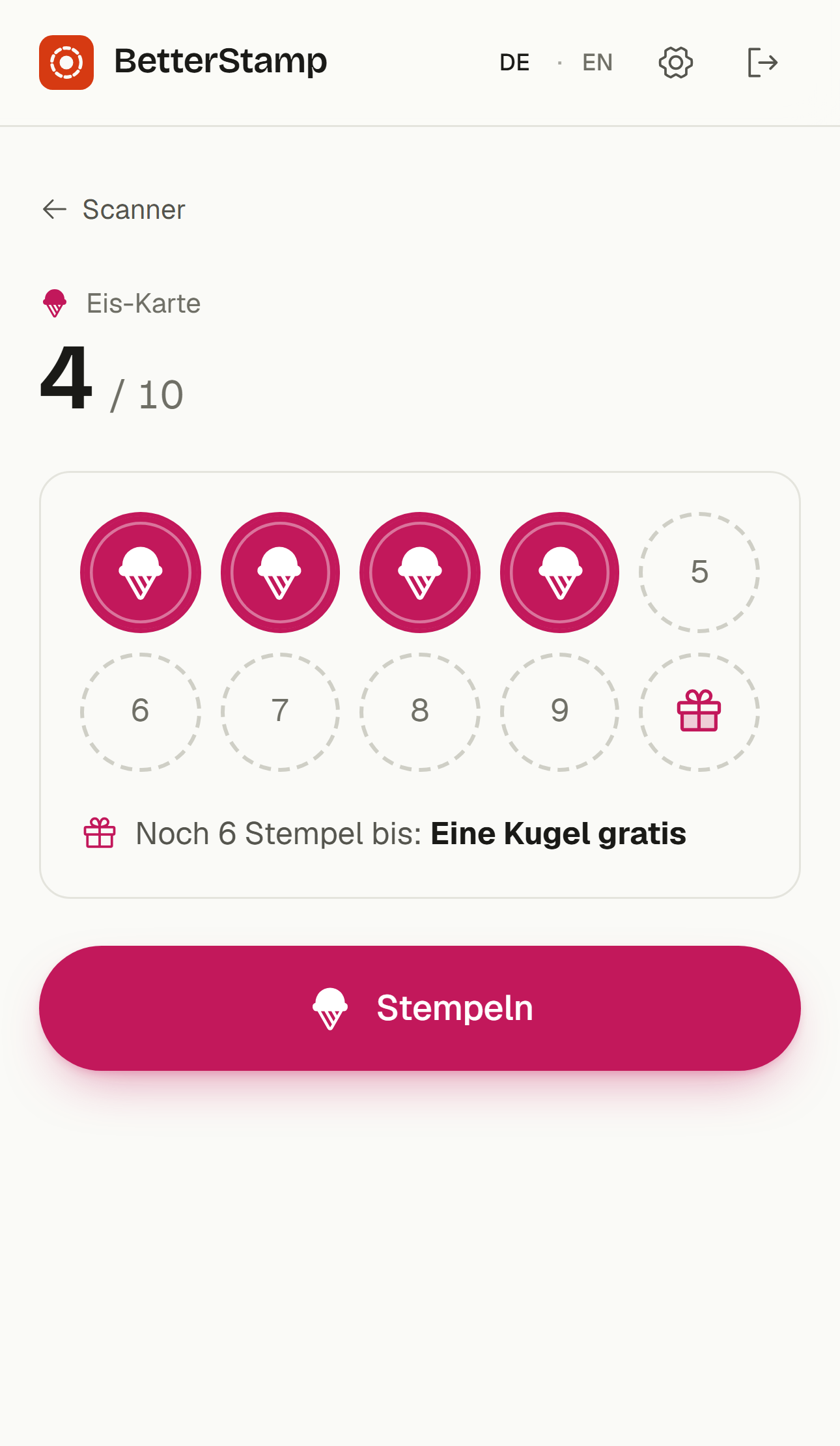 Der Theken-Screen: vier von zehn Stempeln, großer Stempeln-Button